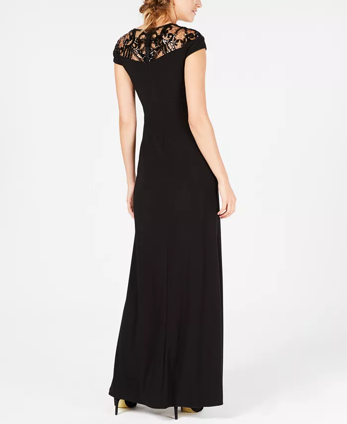 Adrianna Papell Adrianna Women's Papell Sequin Embellished Illusion-Lace Gown Women's Fashion Shoes & Accessories