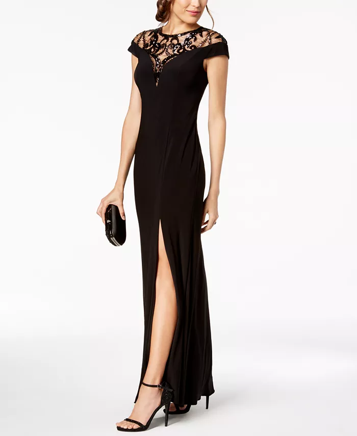 Adrianna Papell Adrianna Women's Papell Sequin Embellished Illusion-Lace Gown Women's Fashion Shoes & Accessories