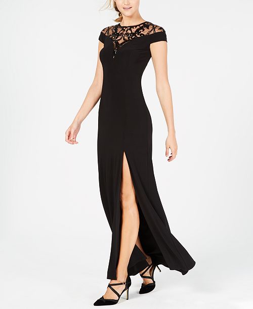 Adrianna Papell Adrianna Women's Papell Sequin Embellished Illusion-Lace Gown Women's Fashion Shoes & Accessories