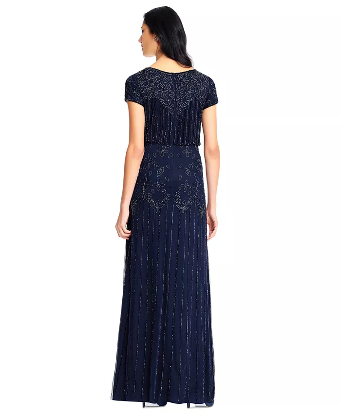 Adrianna Papell Women's Beaded Short-Sleeve Sheer-Overlay Gown Women's Fashion Shoes & Accessories