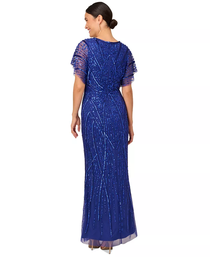 Adrianna Papell Women's Embellished Flutter-Sleeve Gown Women's Fashion Shoes & Accessories
