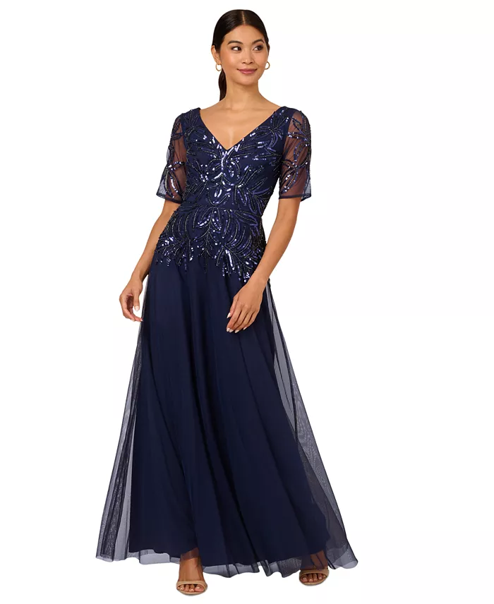 Adrianna Papell Women's Embellished Mesh V-Neck Gown Women's Fashion Shoes & Accessories