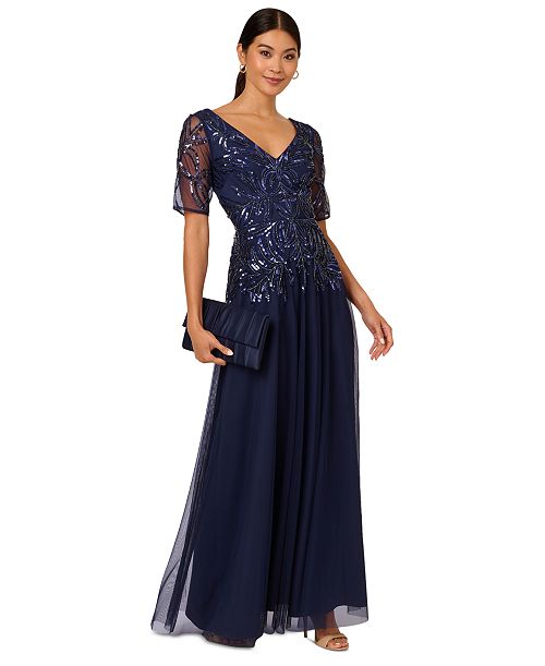 Adrianna Papell Women's Embellished Mesh V-Neck Gown Women's Fashion Shoes & Accessories