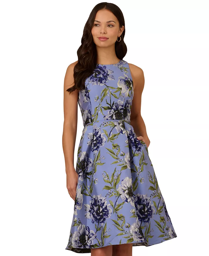 Adrianna Papell Women's Floral-Embroidered Jacquard Dress Women's Fashion Shoes & Accessories