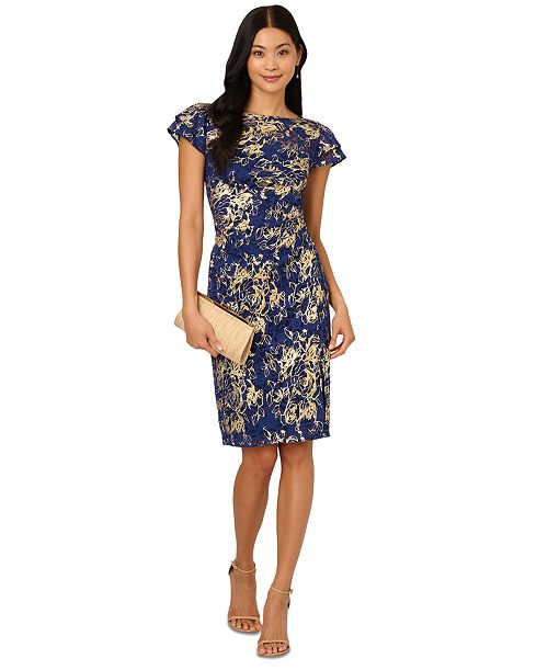 Adrianna Papell Women's Lace Foil Flutter-Sleeve Sheath Dress Women's Fashion Shoes & Accessories