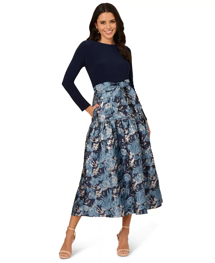 Adrianna Papell Women's Long-Sleeve Jacquard Ball Gown Women's Fashion Shoes & Accessories