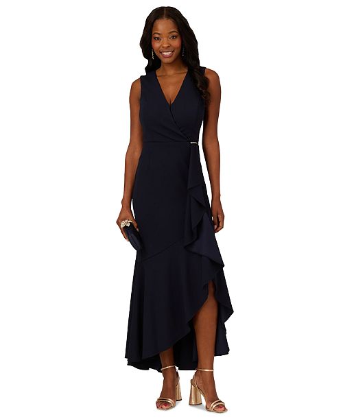 Adrianna Papell Women's Ruffled V-Neck High-Low Dress Women's Fashion Shoes & Accessories
