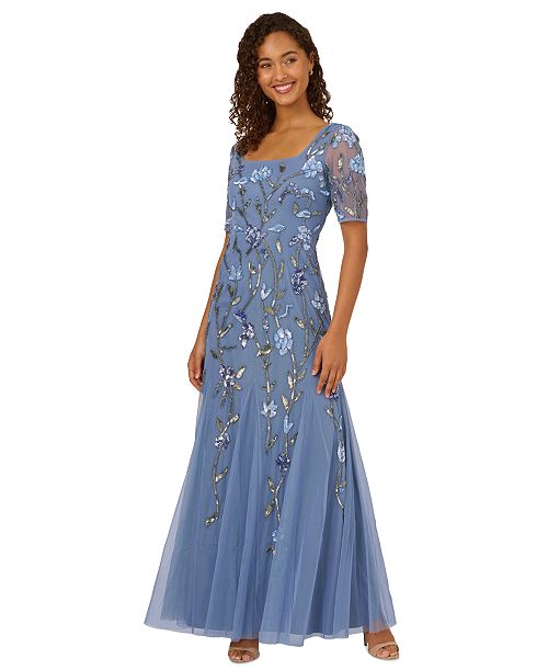 Adrianna Papell Women's Square-Neck Beaded Mesh Gown Women's Fashion Shoes & Accessories