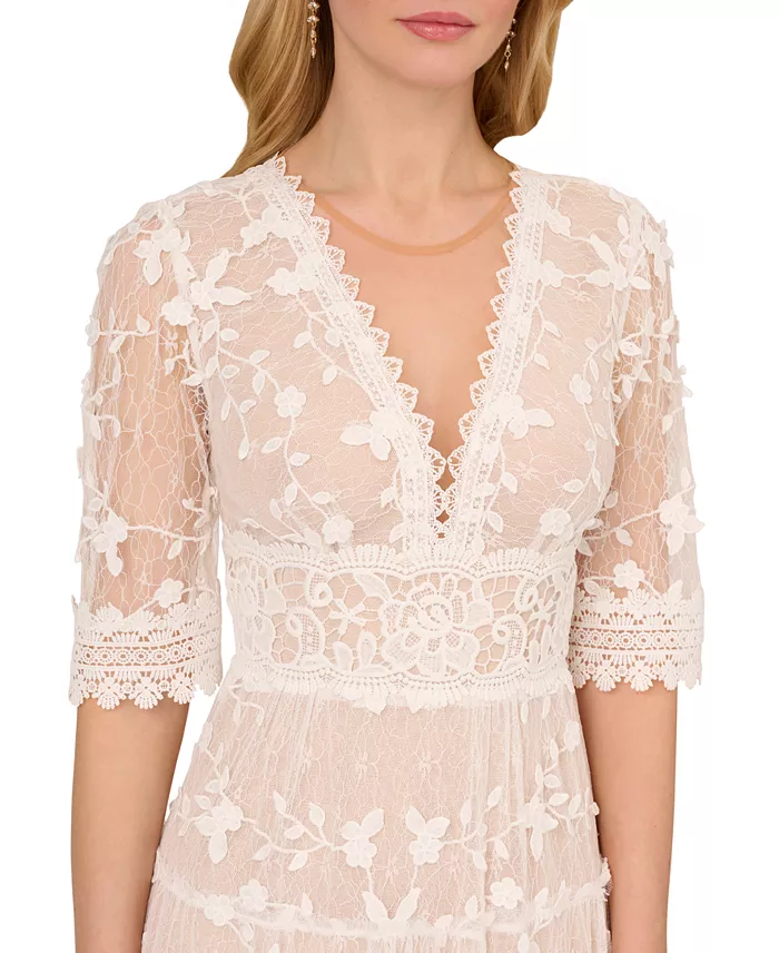 Adrianna Papell Women's V-Neck Lace Embroidered Dress Women's Fashion Shoes & Accessories