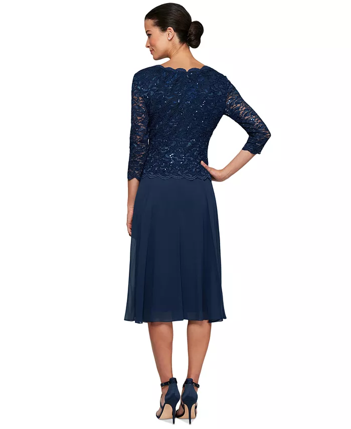 Alex Evenings Alex S Sequined Lace Contrast Midi Dress Women's Fashion Shoes & Accessories