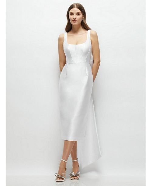 Alfred Sung Scoop Neck Corset Satin Midi Dress with Floor-Length Bow Tails Women's Fashion Shoes & Accessories