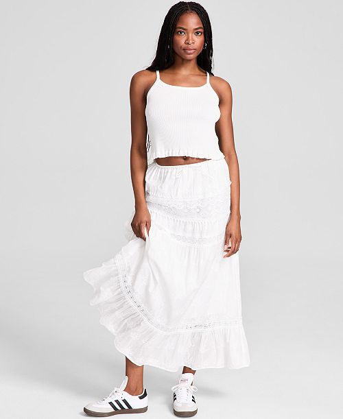 And Now This Women's Embroidered Cotton Lace-Trim Tiered Maxi Skirt Exclusively At Macy's Women's Fashion Shoes & Accessories