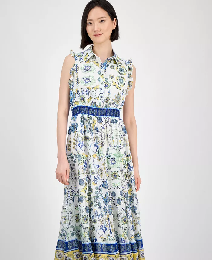 Anne Klein Petite Chiffon Ruffled Smocked-Waist Dress Women's Fashion Shoes & Accessories