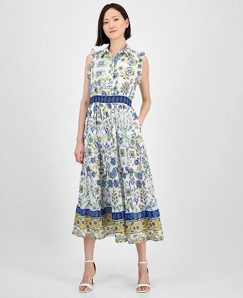 Anne Klein Petite Chiffon Ruffled Smocked-Waist Dress Women's Fashion Shoes & Accessories