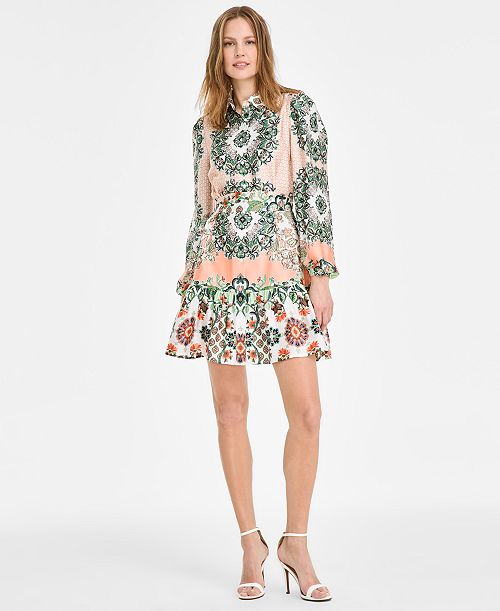 Anne Klein Petite Printed Long-Sleeve Tie-Waist Dress Women's Fashion Shoes & Accessories
