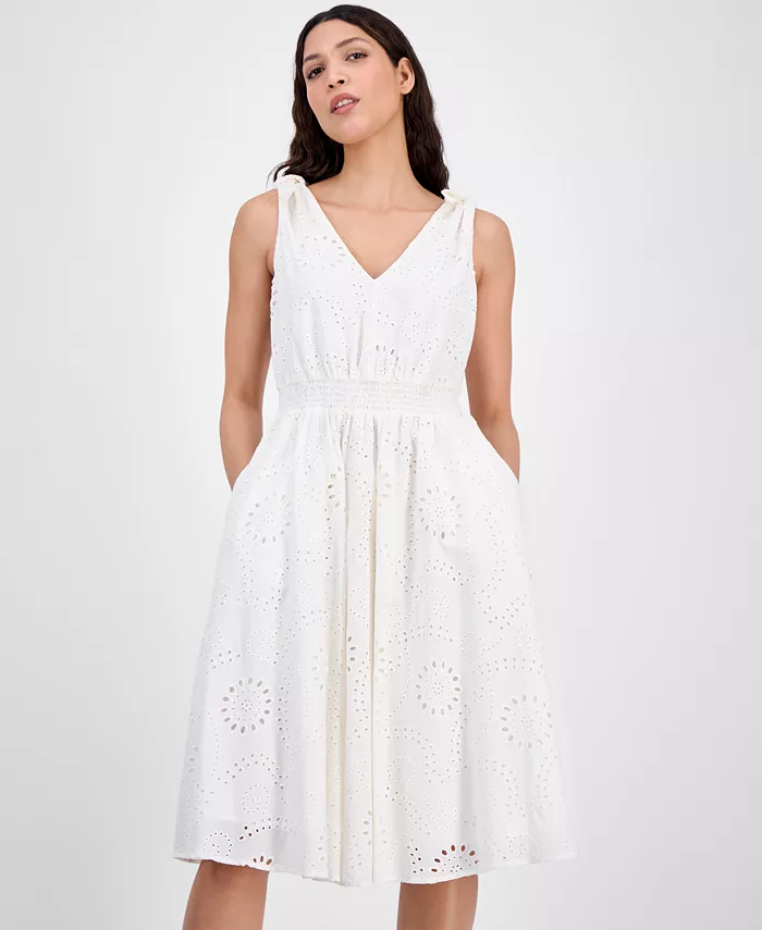 Anne Klein Women's Cotton Eyelet Sleeveless Fit & Flare Dress Women's Fashion Shoes & Accessories