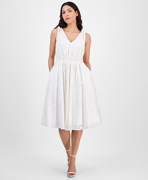 Anne Klein Women's Cotton Eyelet Sleeveless Fit & Flare Dress Women's Fashion Shoes & Accessories