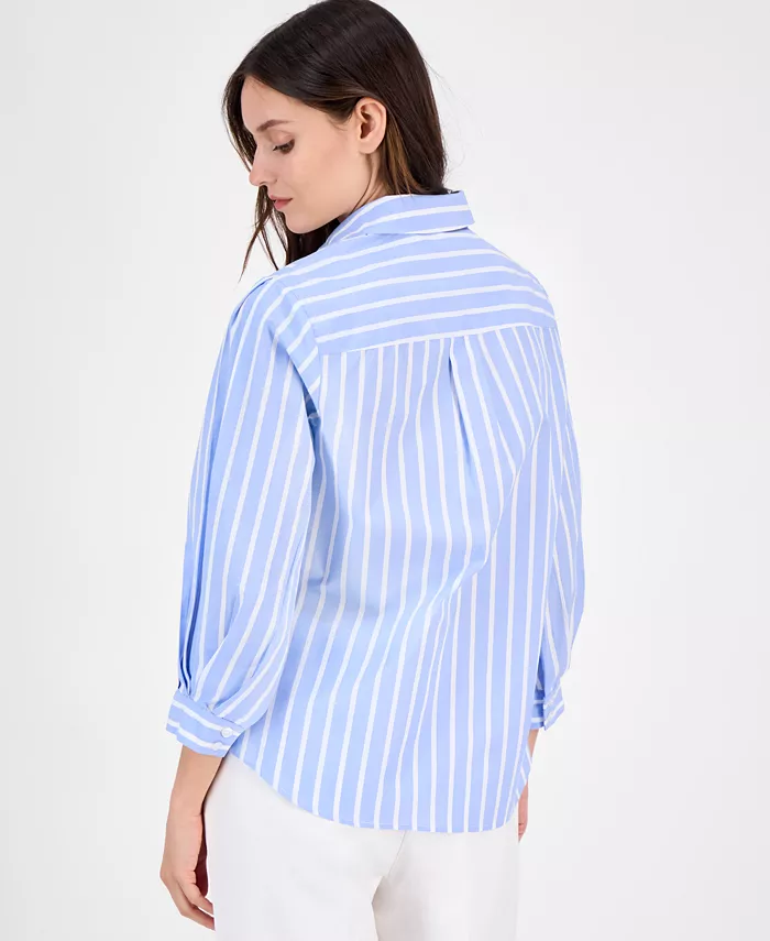 Anne Klein Women's Cotton Poplin Striped 3/4-Sleeve Blouse Women's Fashion Shoes & Accessories