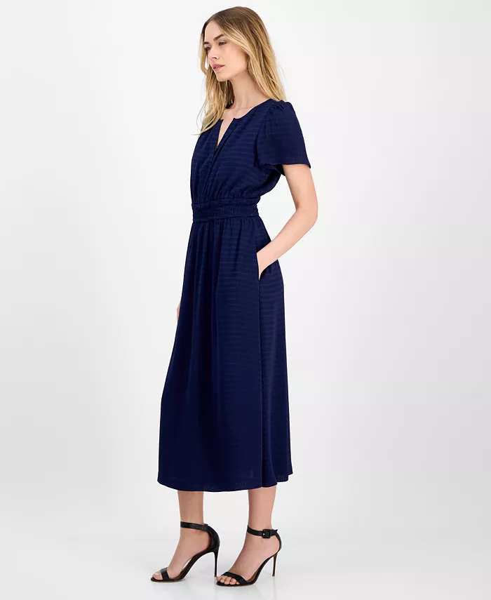 Anne Klein Women's Elastic-Waist Short-Sleeve Midi Dress Women's Fashion Shoes & Accessories