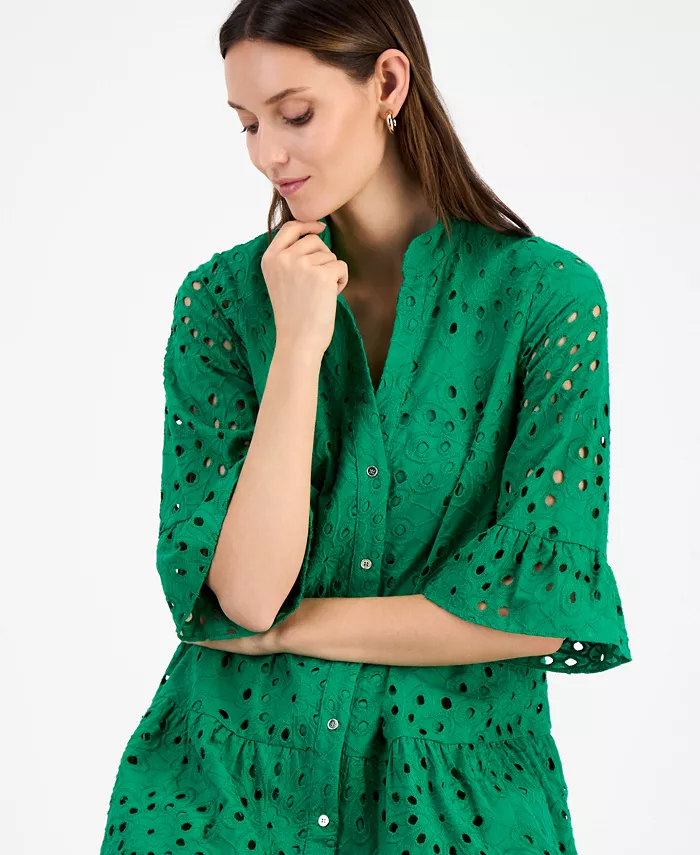 Anne Klein Women's Eyelet Embroidered Cotton Flare-Sleeve Shirtdress Women's Fashion Shoes & Accessories