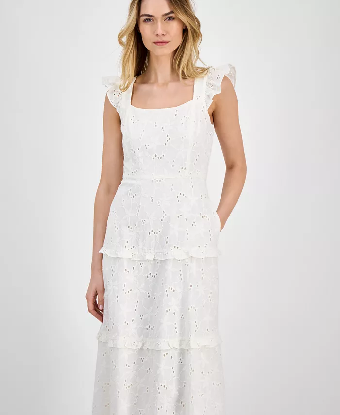 Anne Klein Women's Eyelet Square-Neck Tiered Midi Dress Women's Fashion Shoes & Accessories