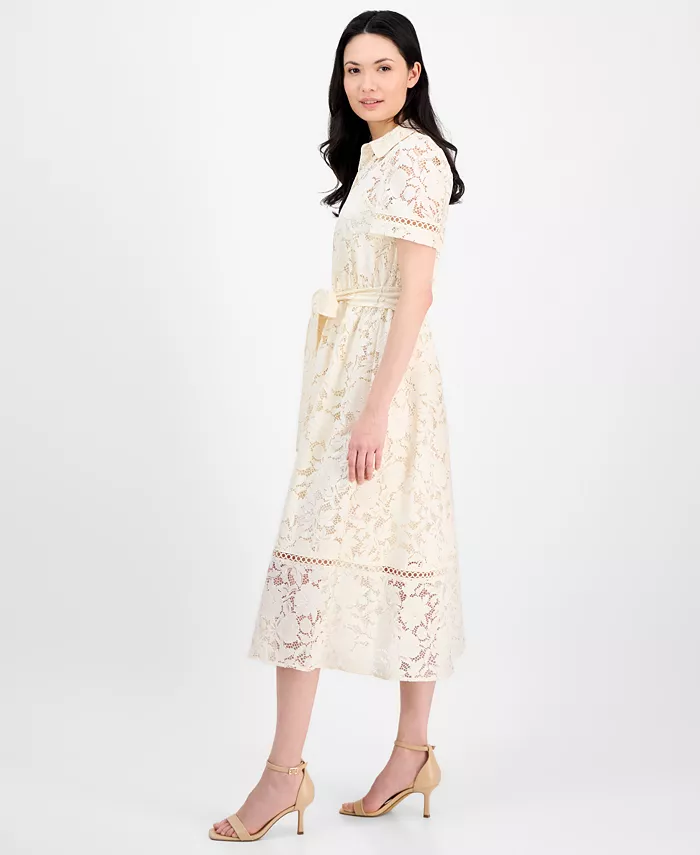 Anne Klein Women's Floral-Lace Tie-Waist Shirtdress Women's Fashion Shoes & Accessories