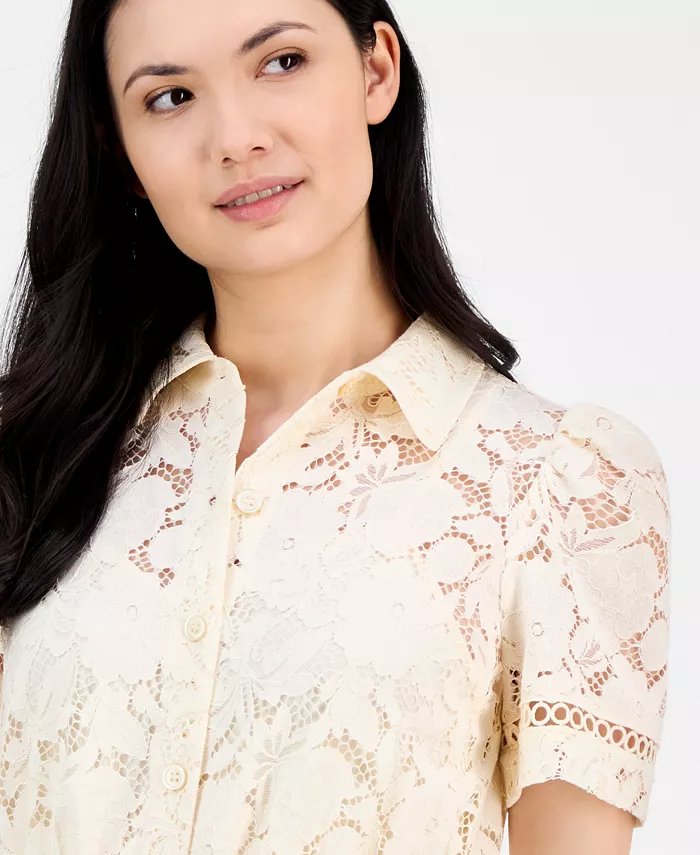 Anne Klein Women's Floral-Lace Tie-Waist Shirtdress Women's Fashion Shoes & Accessories