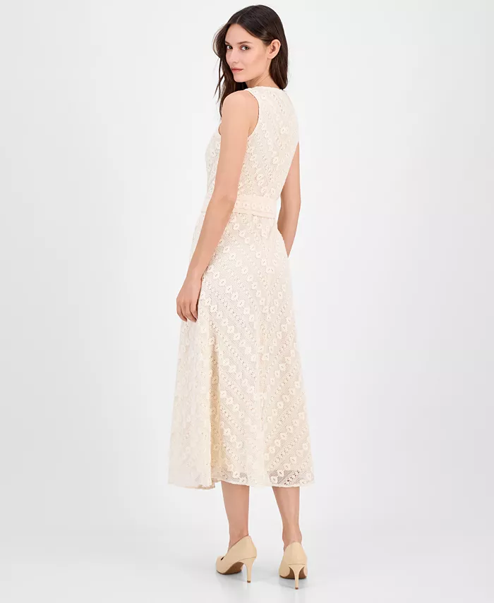 Anne Klein Women's Lace Belted Midi Dress Women's Fashion Shoes & Accessories