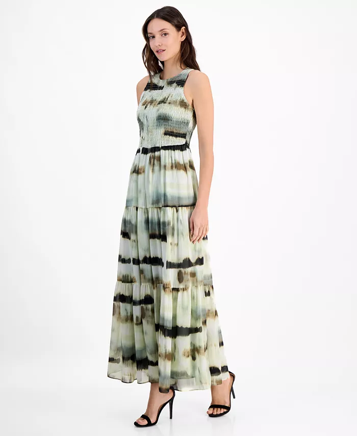 Anne Klein Women's Printed Smocked-Bodice Tiered Maxi Dress Women's Fashion Shoes & Accessories
