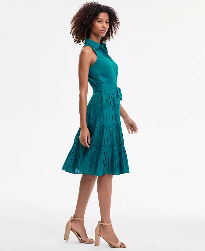 Anne Klein Women's Sleeveless Pintuck Tie-Waist Midi Dress Women's Fashion Shoes & Accessories
