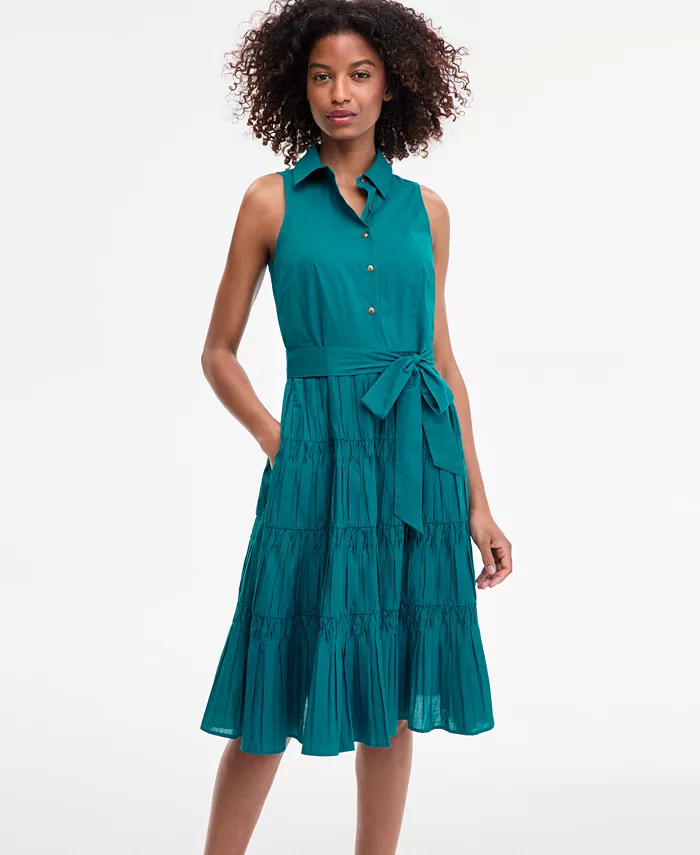 Anne Klein Women's Sleeveless Pintuck Tie-Waist Midi Dress Women's Fashion Shoes & Accessories