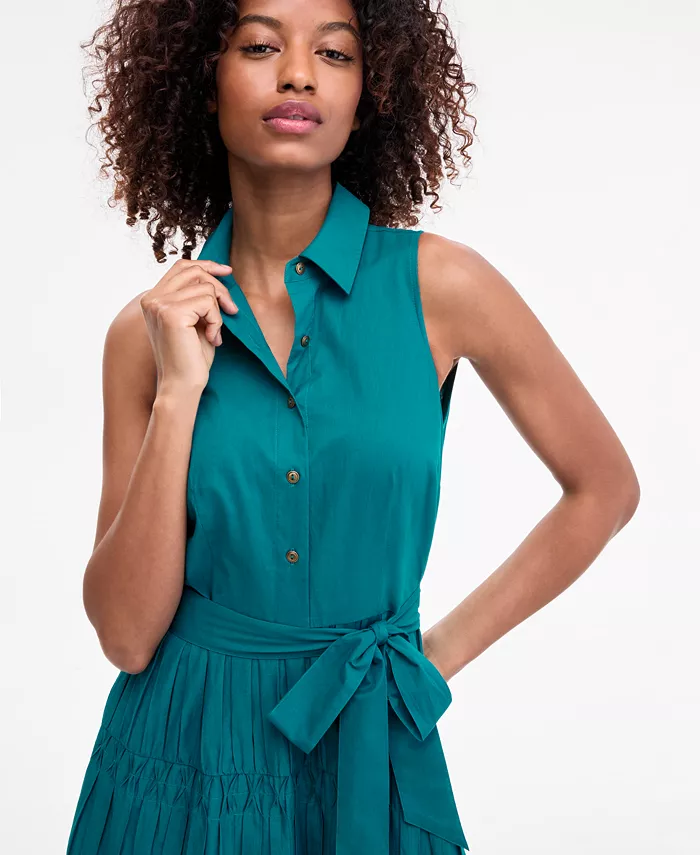 Anne Klein Women's Sleeveless Pintuck Tie-Waist Midi Dress Women's Fashion Shoes & Accessories