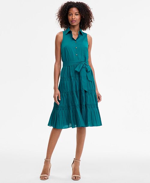Anne Klein Women's Sleeveless Pintuck Tie-Waist Midi Dress Women's Fashion Shoes & Accessories