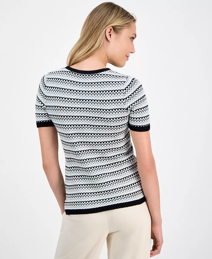 Anne Klein Women's Stripe Stitch Crewneck Top Women's Fashion Shoes & Accessories
