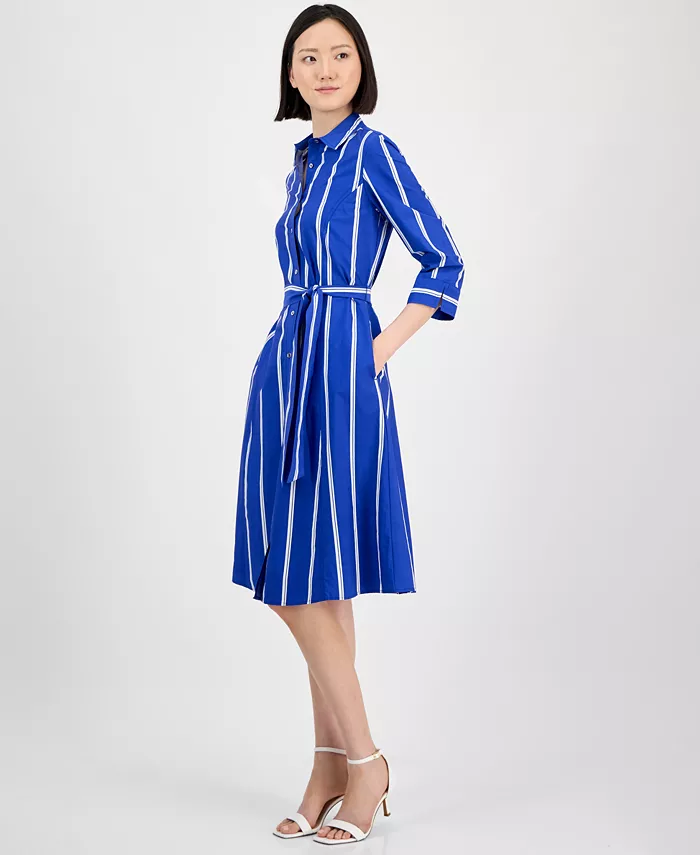 Anne Klein Women's Striped 3/4-Sleeve Midi Shirtdress Women's Fashion Shoes & Accessories