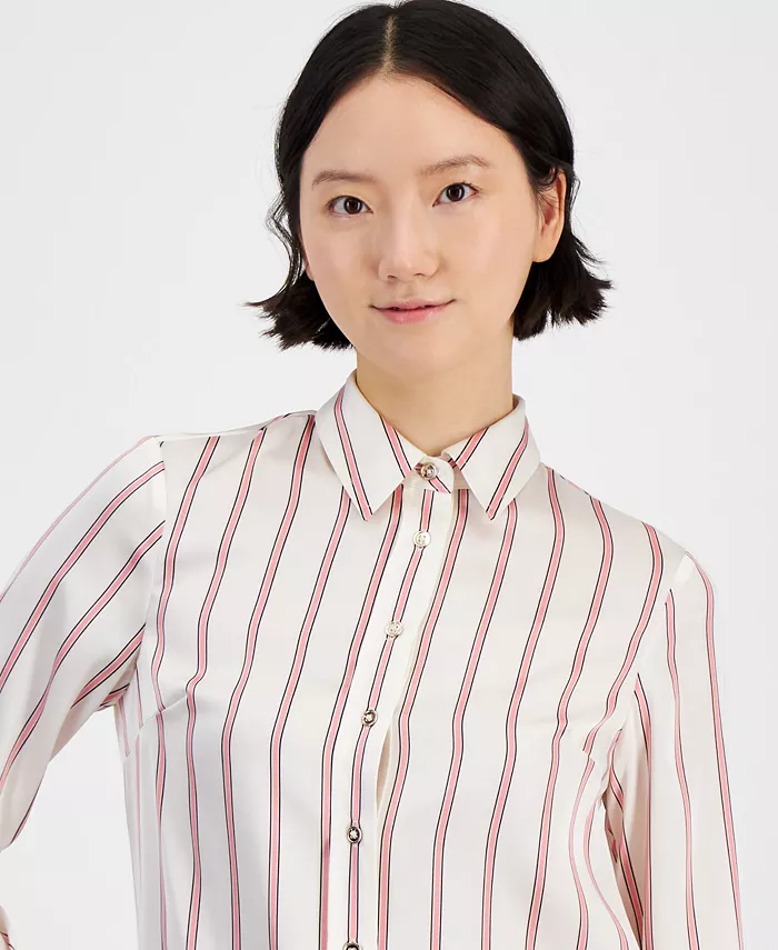Anne Klein Women's Striped Collared Button-Front Shirt Women's Fashion Shoes & Accessories