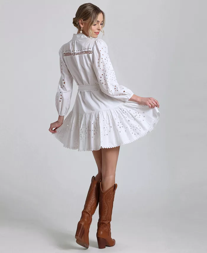 Avec Les Filles Women's Eyelet Cotton Lined Shirt Dress Women's Fashion Shoes & Accessories
