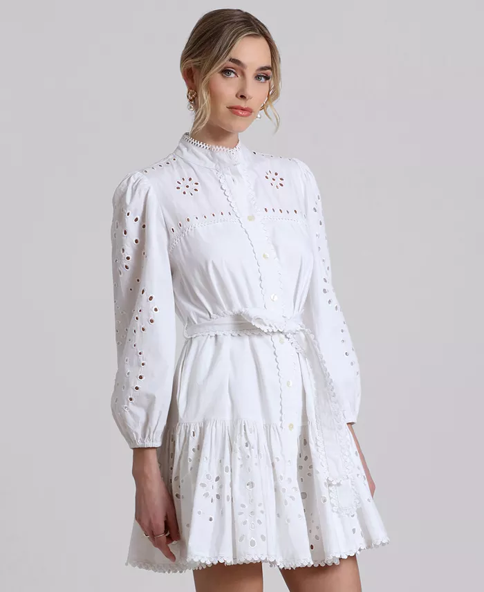Avec Les Filles Women's Eyelet Cotton Lined Shirt Dress Women's Fashion Shoes & Accessories