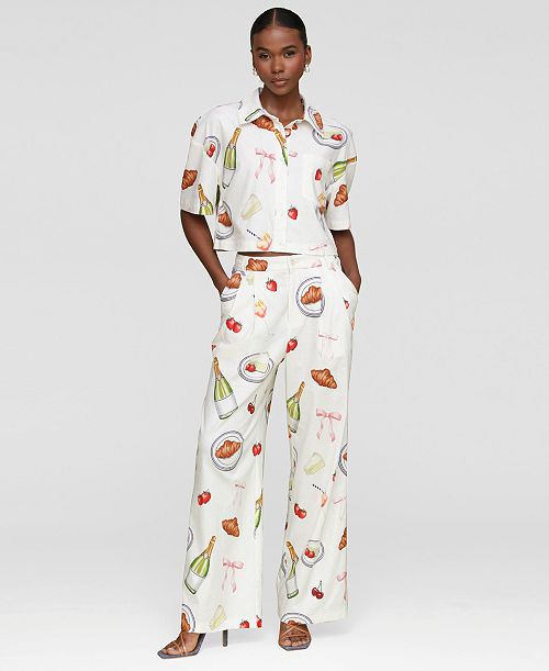 Avec Les Filles Women's Printed Button-Front Camp Shirt & Wide-Leg Pants Women's Fashion Shoes & Accessories