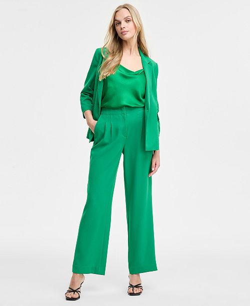Bar III Women's Ruched-Sleeve Blazer Satin Cowlneck Top & Wide-Leg Pants Exclusively at Macy's Women's Fashion Shoes & Accessories