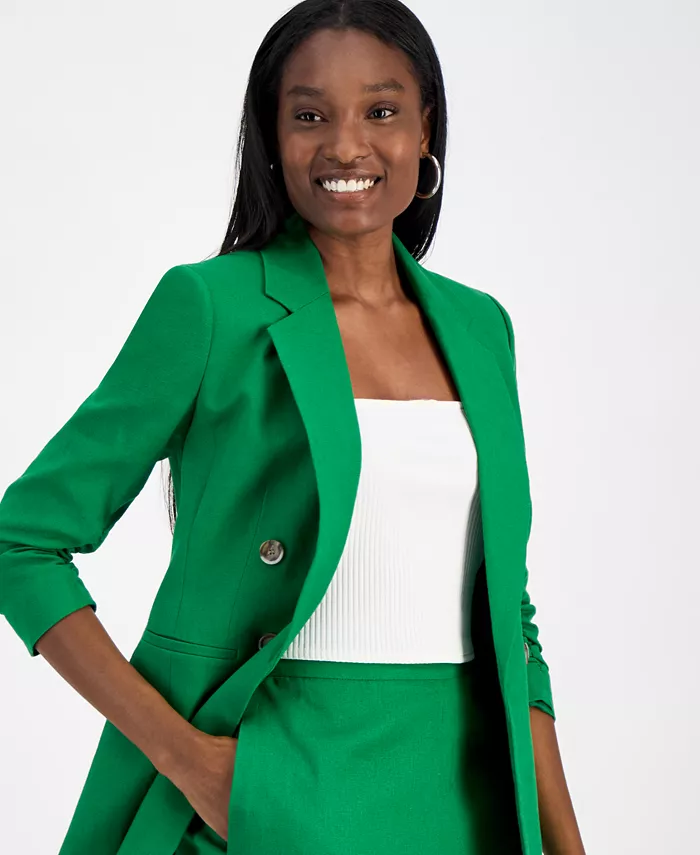 Bar III Women's Ruched-Sleeve Open-Front Linen Blazer Exclusively At Macy's Women's Fashion Shoes & Accessories
