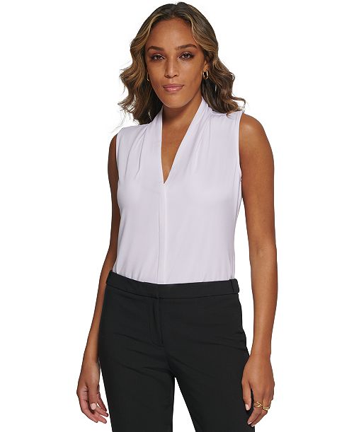 Calvin Klein Gathered V-Neck Sleeveless Top Women's Fashion Shoes & Accessories