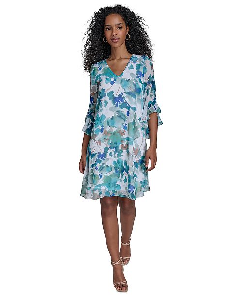Calvin Klein Women's Floral Chiffon V-neck Shift Dress Women's Fashion Shoes & Accessories