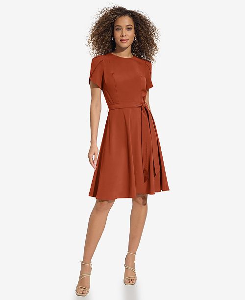 Calvin Klein Women's Short-Sleeve Fit & flare Dress Women's Fashion Shoes & Accessories