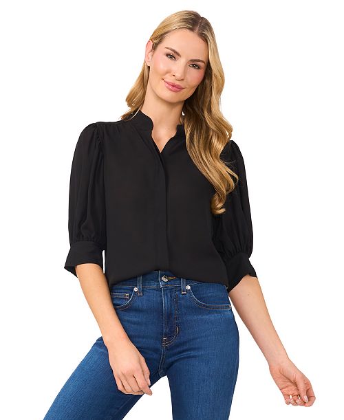 CeCe Women's 3/4-Sleeve Collared Button Down Blouse Women's Fashion Shoes & Accessories