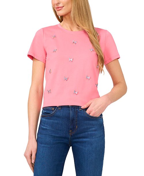 CeCe Women's Cotton Butterfly-Gem Short-Sleeve Tee Women's Fashion Shoes & Accessories