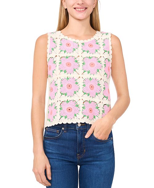 CeCe Women's Crewneck Crochet Flower Tank Top Women's Fashion Shoes & Accessories