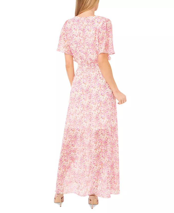 CeCe Women's Ditsy Floral Smocked-Waist Flutter-Sleeve Maxi Dress Women's Fashion Shoes & Accessories