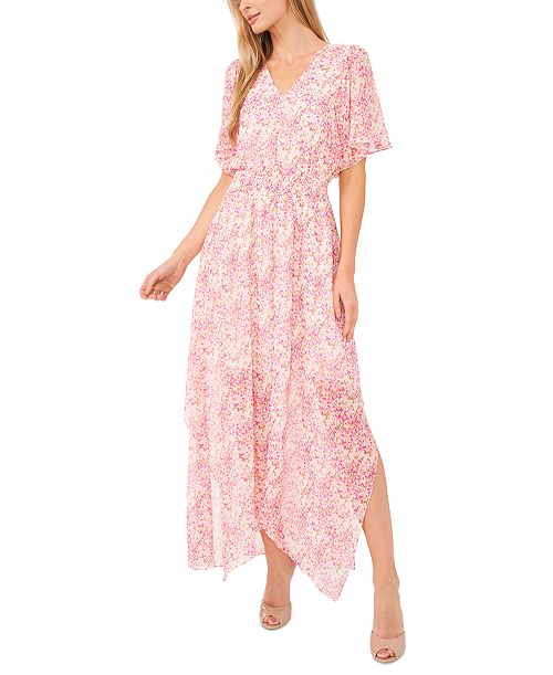 CeCe Women's Ditsy Floral Smocked-Waist Flutter-Sleeve Maxi Dress Women's Fashion Shoes & Accessories