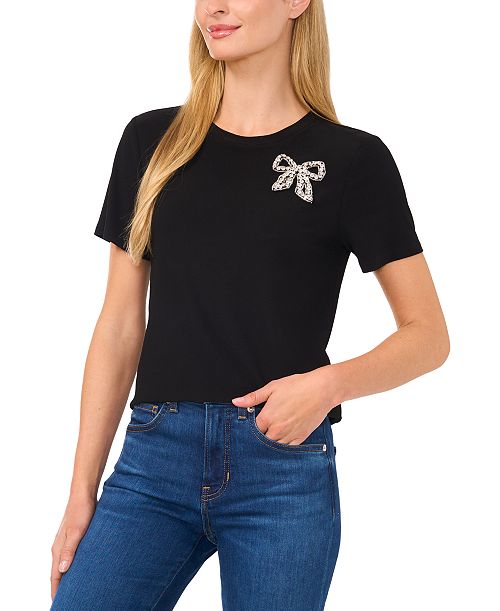 CeCe Women's Embellished Bow Tee Women's Fashion Shoes & Accessories